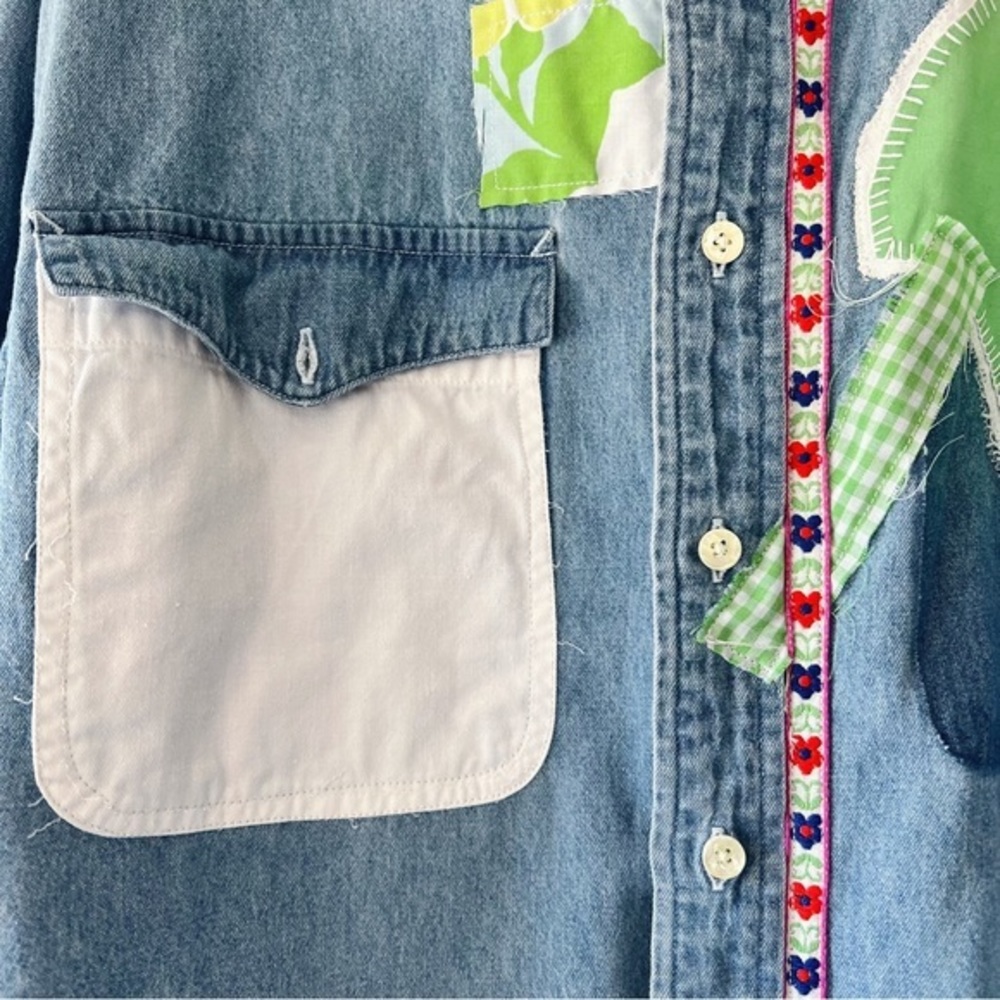 Distressed Patchwork Long Sleeve Denim Shirt Gree… - image 6